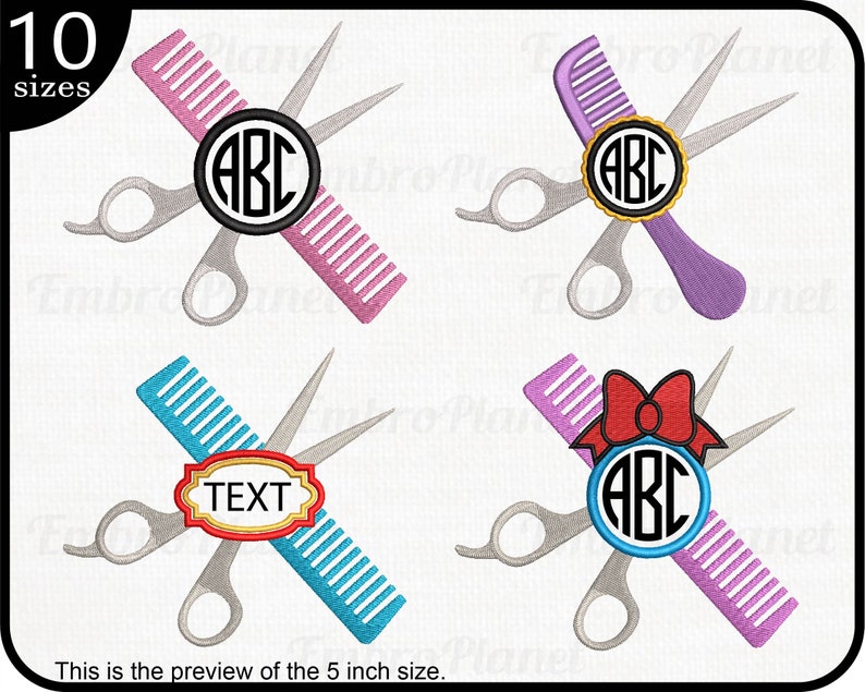 May include: Four embroidery designs featuring a pair of scissors and a comb. The designs include a pink comb and scissors with a circle monogram, a purple comb and scissors with a circle monogram, a blue comb and scissors with a text box, and a pink comb and scissors with a circle monogram and a red bow.