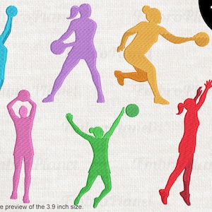 May include: Six colorful silhouettes of basketball players in various poses, including shooting, dribbling, and jumping. The players are all women and are wearing different colored uniforms. The image includes the text "16 sizes".