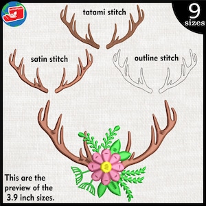 Flower and Reindeer Antlers Embroidery Designs: Files For Embroidery Machine (Digital Download) 385e