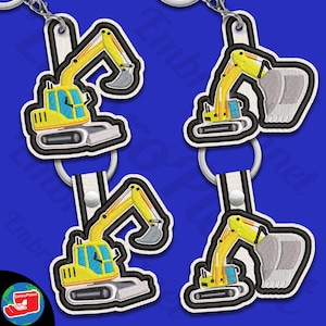 May include: Four yellow and black excavator keychains with a gray bucket. The excavators are on a white background with a blue border.