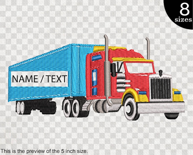 May include: Embroidered design of a red and blue semi-truck with a trailer. The trailer has the text "NAME/TEXT" on the side.