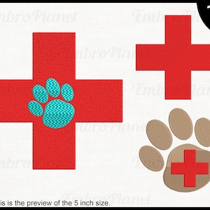 Könnte beinhalten: Rotes Kreuz mit einem türkisfarbenen Pfotenabdruck in der Mitte. Ein separates rotes Kreuz und ein brauner Pfotenabdruck mit einem roten Kreuz darin sind ebenfalls abgebildet. Der Text "12 Größen" befindet sich in der oberen rechten Ecke.