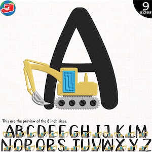 May include: Black embroidered letter "A" with a yellow and blue excavator design. The image includes a preview of the 6-inch sizes of the alphabet letters with excavator designs. The image shows 9 sizes.