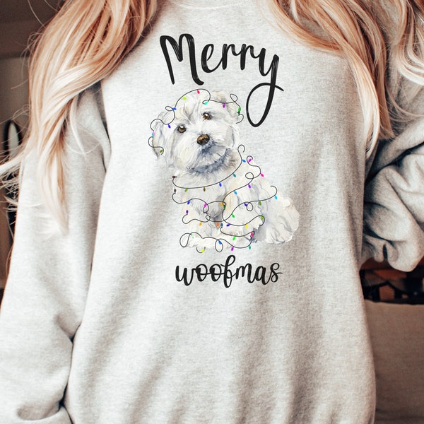 Merry Woofmas Funny Christmas Crewneck Sweatshirt for Dog Lover, Cute Holiday Shirts for Women | Maltese Dog Mom Gift