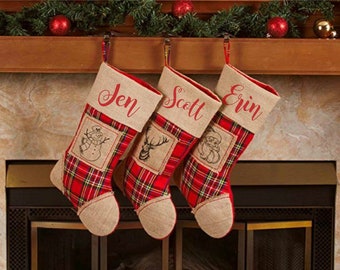 set of 3 personalized plaid christmas stockings red buffalo check and burlap vintage christmas decorations for home mantle - Etsy Christmas Stockings set of 3 personalized plaid christmas stockings red buffalo check and burlap vintage christmas decorations for home mantle - Etsy Christmas Stockings
