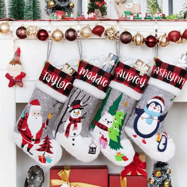 Personalized Christmas Stockings with Hang Tag, Snowman, Reindeer, Santa Clause Christmas Decorations Mantle
