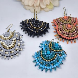 Half-Moon Wax Cord Earrings with Colorful Agate and Crystal Beads – Tribal Boho Dangle Jewelry