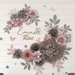 Crepe Paper Flowers Above Bed Decor, Paper Flower Backdrop in Dusty Rose and Taupe, Laser Cut Names, Flower Name Sign Nursery