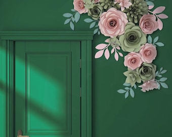 Green & Rose Gold Paper Flower Wall Decor: 17 Piece Set