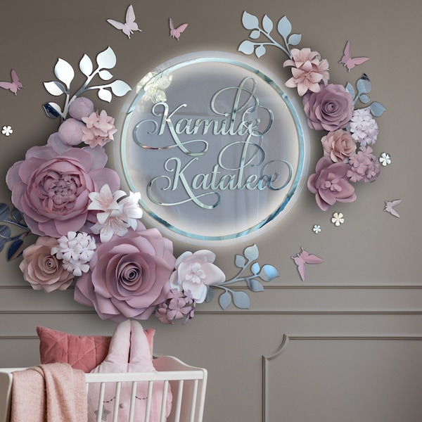 Baby Nursery Name Signs With Lights, Neon Sign Custom Name with Large Paper Flowers, Butterflies and Silver Leaves for Nursery Wall Decor