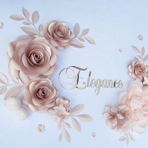 Decorazione da parete con fiori per cameretta dei bambini e targhetta con nome, fiori di carta con nome, grandi fiori di carta color oro rosa, set di decorazioni da parete per cameretta dei bambini con fiori e nome del bambino
