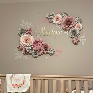 Paper Flowers with Gold Mirrored Baby Girl Name Sign for Nursery Wall Decor, Above Crib Nursery Flower Set in Dusty Rose, Blush and Grey