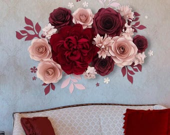 Rose Gold Burgundy Crepe Paper Flower Wall Decor: Wedding Backdrop, Nursery Decor