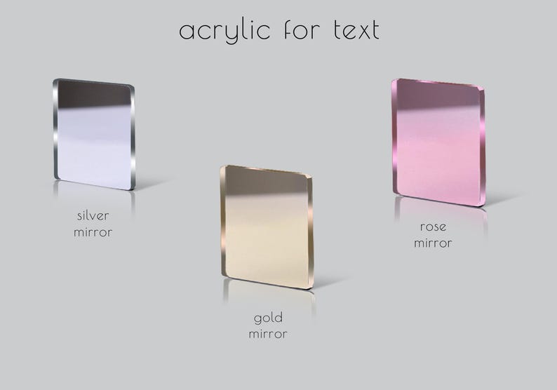 K&ouml;nnte beinhalten: Drei quadratische Acrylspiegel in Silber, Gold und Ros&eacute;gold. Der Text "Acryl f&uuml;r Text" befindet sich &uuml;ber den Spiegeln.