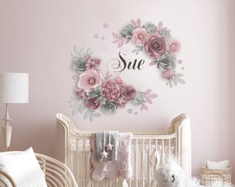 Paper Flowers Wall, Nursery Wall Decor, Nursery Name Sign, Large Paper Flowers around Wood Sign Custom, 3D Baby Name Sign, Parisian Nursery