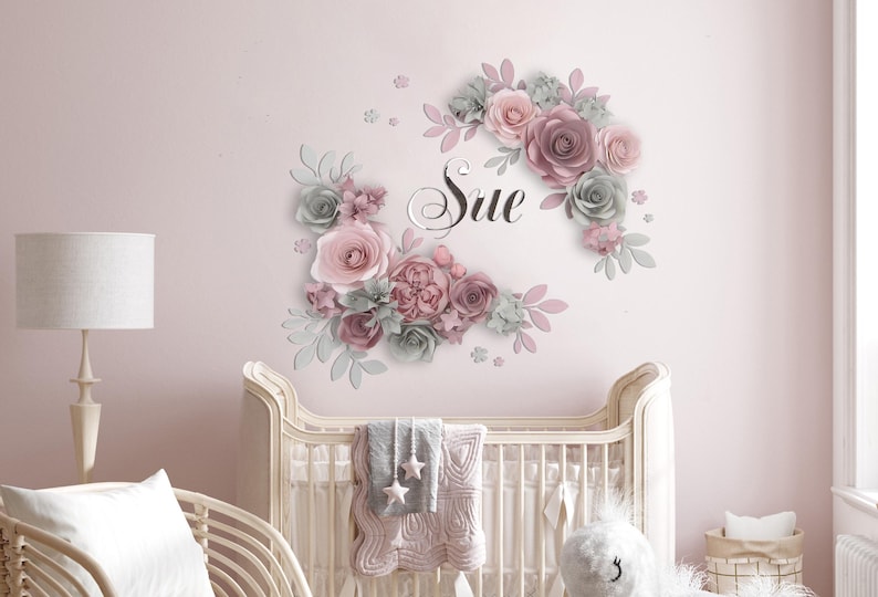 K&ouml;nnte beinhalten: Ein rosa-grauer Blumen-Wandaufkleber mit dem Namen "Sue" in kursivschrift. Der Aufkleber zeigt Papierblumen und Bl&auml;tter in einem kreisf&ouml;rmigen Design.