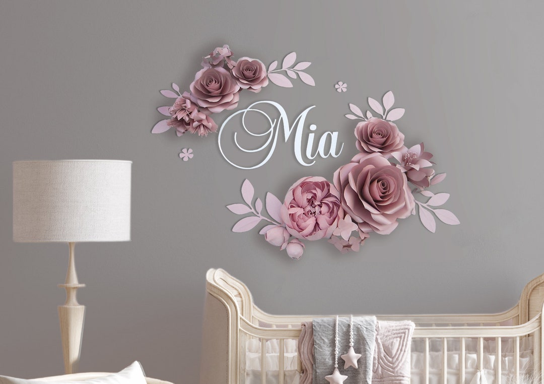 Buy Baby Name Sign With Paper Flower Wall Decor Above Crib, Nursery Decor,  Dusty Rose Large Paper Flowers, Personalized Nursery Wall Art Set Online in 