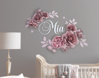 Baby Name Sign with Paper Flower Wall Decor Above Crib, Nursery Decor, Dusty Rose Large Paper Flowers, Personalized Nursery Wall Art Set