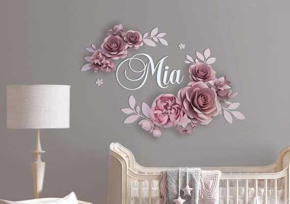 Baby Name Sign With Paper Flower Wall Decor Above Crib Nursery Decor Dusty Rose Large Paper Flowers Personalized Nursery Wall Art Set Etsy Canada
