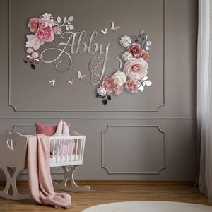 Large Dusty Rose and Blush Paper Flowers with Silver Mirror Leaves | Mirrored Baby Name Sign | Nursery Wall Decor for Above Crib