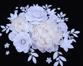 White Paper Roses and Crepe Paper Peonies Flowers ranged from 6'' to 20" or 15-20 cm, Perfect Quality and Unique Style Large Wall Flowers