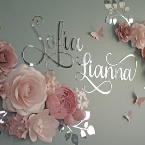 Large Paper Flowers in Dusty Rose and Blush with Silver Leaves, Silver Mirror Name Sign for Nursery Wall Decor Above Crib