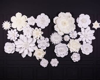 Extra Large Paper Flower Wall Decor: 3D Wedding Backdrop, White & Ivory, 24 Piece Set