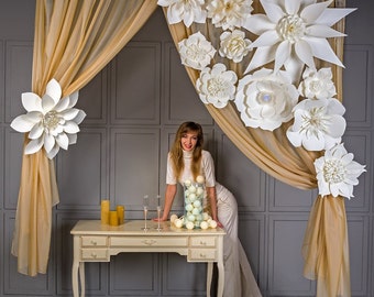 12 Giant Paper Flowers Each With Unique Fantasy Design for Wall Decor, White Large Paper Blossoms for Wedding Backdrop 4x4&#39;, Flowers 12-30&quot;