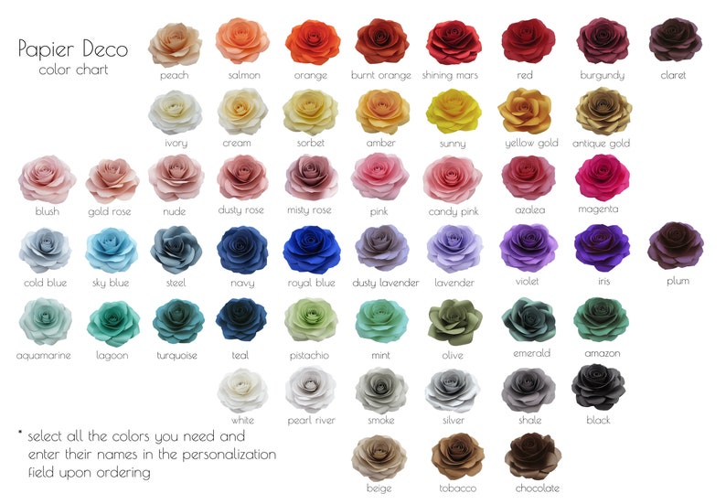 Puede incluir: Carta de colores para decoraciones de rosas de papel. La carta muestra 48 colores diferentes de rosas de papel, incluyendo melocot&oacute;n, salm&oacute;n, naranja, naranja quemada, Marte brillante, rojo, burdeos, granate, marfil, crema, sorbete, &aacute;mbar, soleado, oro amarillo, oro antiguo, rubor, rosa dorada, desnudo, rosa polvoriento, rosa brumoso, rosa, rosa caramelo, azalea, magenta, azul fr&iacute;o, azul cielo, acero, azul marino, azul real, lavanda polvorienta, lavanda, violeta, iris, ciruela, aguamarina, laguna, turquesa, azul verdoso, pistacho, menta, oliva, esmeralda, amazonia, blanco, r&iacute;o de perlas, humo, plata, esquisto, negro, beige, tabaco y chocolate.