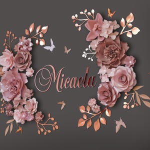Acrylic Baby Name Sign with Large Paper Flowers in Vintage Rose, Blush, Dusty Pink and Rose Gold Leaves for Nursery Wall Decor Above Crib