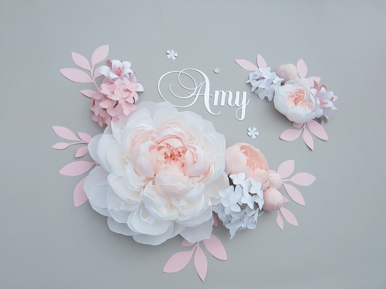 Blush White Large Paper Flowers With Baby Name Sign Pink Etsy