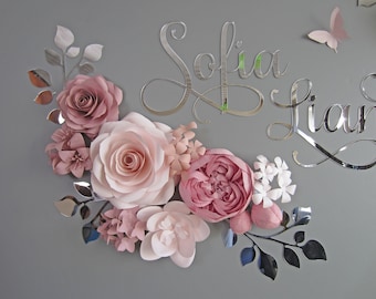 Large Paper Flowers in Dusty Rose and Blush with Silver Leaves, Mirrored Name Sign and Butterflies for Nursery Wall Decor Above Crib