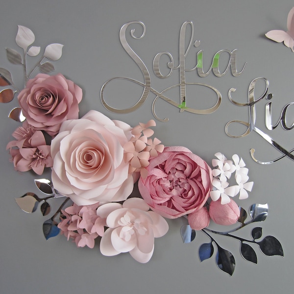 Large Paper Flowers in Dusty Rose and Blush with Silver Leaves, Mirrored Name Sign and Butterflies for Nursery Wall Decor Above Crib