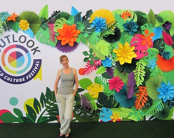 Tropical Party Decorations, Set of Vibrant Tropical Leaf Shapes with Large Paper Flowers, Hawaiian Party Backdrop, Luau Party Decorations