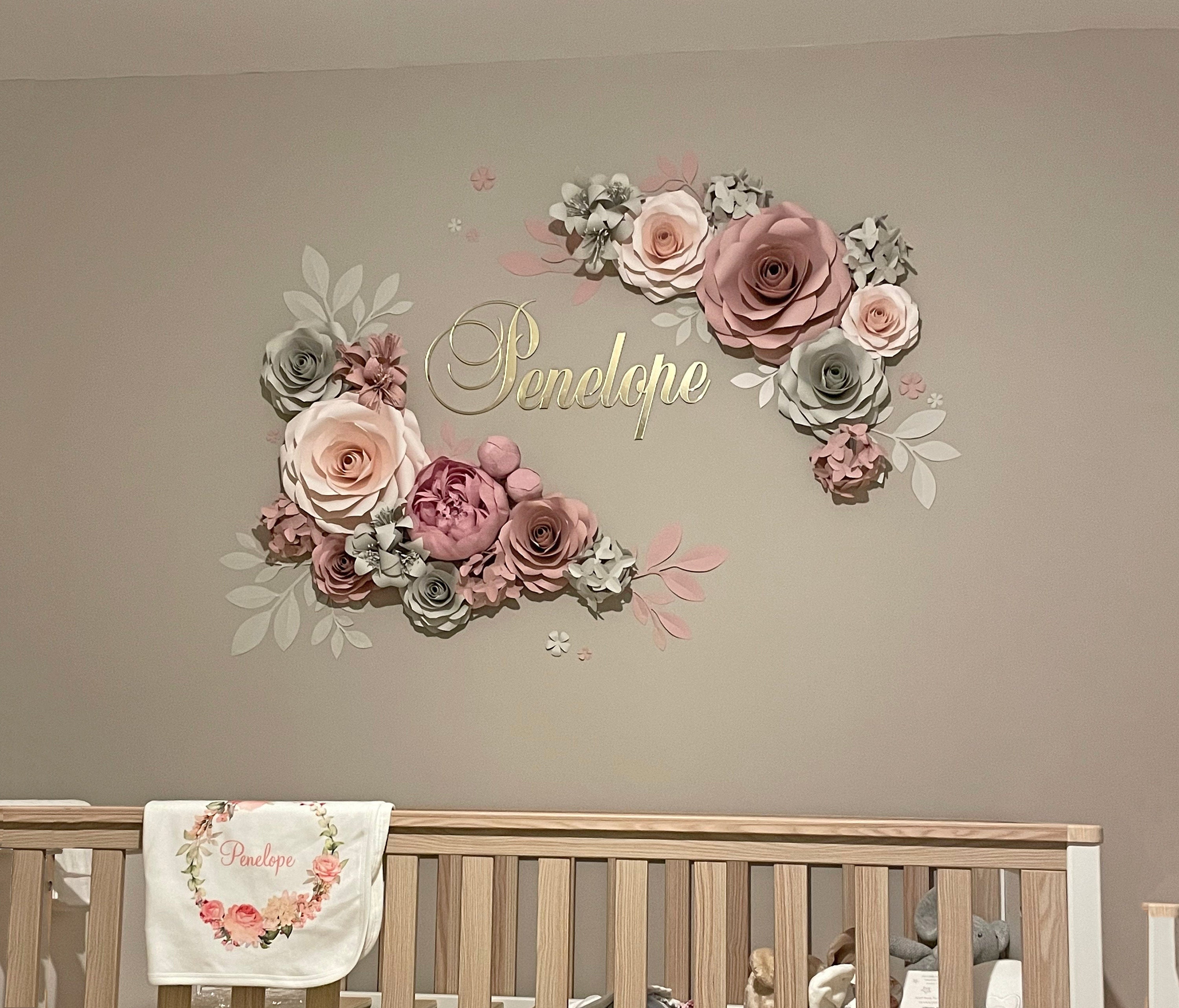 Paper Flowers With Gold Mirrored Baby Girl Name Sign for Nursery Wall Decor Above Crib Nursery Flower Set in Dusty Rose Blush and Grey Etsy Canada