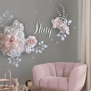 Fiori di carta con peonie, decorazione da parete con grandi fiori di carta, fiori per cartelli con nomi per cameretta dei bambini, nome per bambini con fiori di carta da parete,