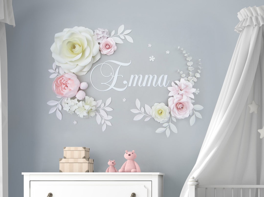 Paper Flower Wall Decor With Baby Name Sign, Girl Nursery Decor Above ...