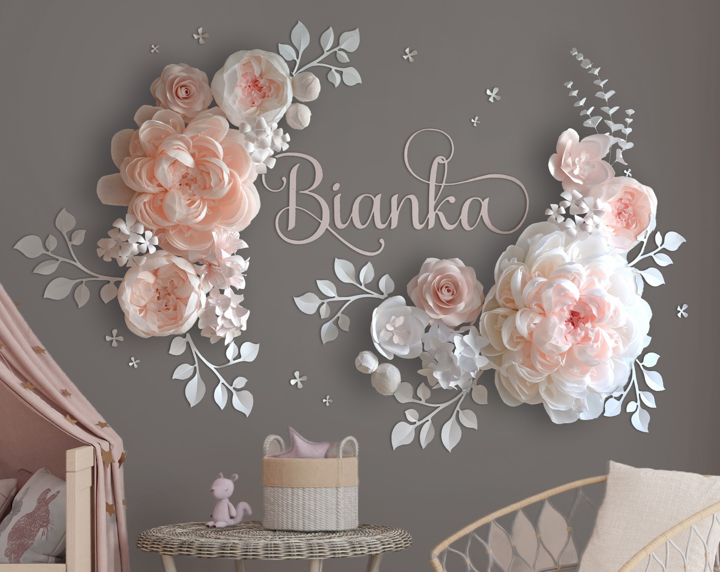 Peonies Paper Flowers, Crepe Paper Flowers Wall Decor, Nursery Name Sign with Large Paper Flowers