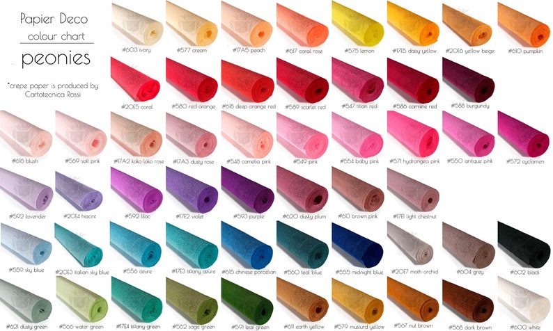Pu&ograve; includere: Tabella colori per carta crespa in vari colori, tra cui pesca, corallo, rosa, lavanda, blu, verde, giallo, arancione, rosso, marrone e nero. La tabella &egrave; etichettata "Papier Deco" e "peonie".