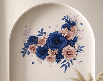 Rose Gold and Navy Paper Flower Wall Decor (3.5x4.5 ft)