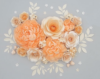 Set of Large Paper Flowers with Crepe Paper Peonies, Nursey Wall Decor, Peach Paper Flower Backdrop