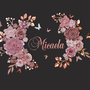 Cartello in acrilico con nome per neonati con grandi fiori di carta in rosa vintage, cipria, rosa antico e foglie oro rosa per la decorazione della parete della cameretta sopra la culla