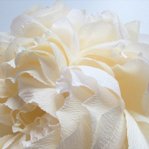 Pu&ograve; includere: Primo piano di un grande fiore di carta bianco con molti strati di petali. Il fiore &egrave; fatto di carta stropicciata e ha una consistenza morbida e delicata.
