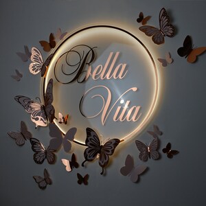 3D Butterfly Wall Art with Round Acrylic Baby Name Sign Backlit, Neon Name Sign and Butterfly Nursery Decor, Paper Cut Butterflies Wall