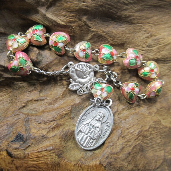 Saint Rose Chaplet, Saint Rosa of Lima, Crown of Flowers, Crown of Roses, Our Lady of Grace Rose Connector, Cloisonné Beads