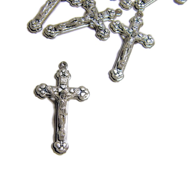 Lot of 5, Byzantine Style Crucifix with Hearts, 3 Layer Heart Rosary Crucifix, Rosary Craft Supplies, Italian Silver Oxidized Crucifix