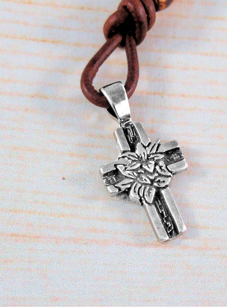 Leather Brown Cord 8x12mm Decorative Wood Accent Bead Peace Lily Cross Keyholder