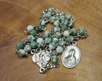 St Monica Chaplet, Patron Saint of Mothers and Wives, Tea Tree Agate Gemstone Beads, 4 Way Medal Centerpiece, Catholic Prayer Beads