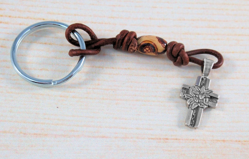Leather Brown Cord 8x12mm Decorative Wood Accent Bead Peace Lily Cross Keyholder