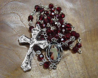 Divine Mercy Rosary, Divine Mercy Chaplet, Red Faceted Czech Glass Beads, Unique Crucifix, Divine Mercy Centerpiece, Perfect Catholic Gift